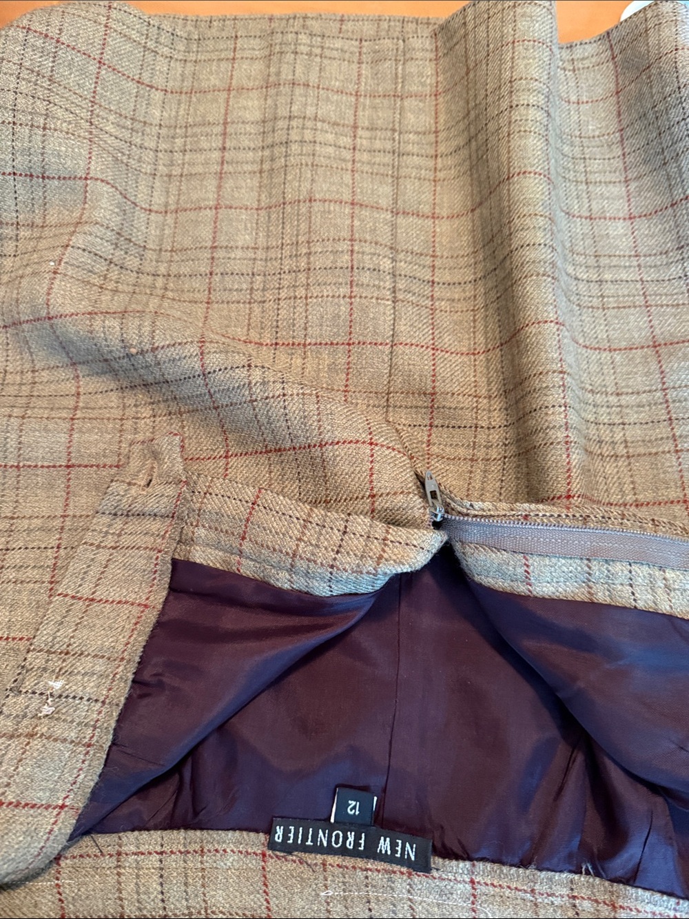 New Frontier Beige Plaid Skirt with Burgundy Lining